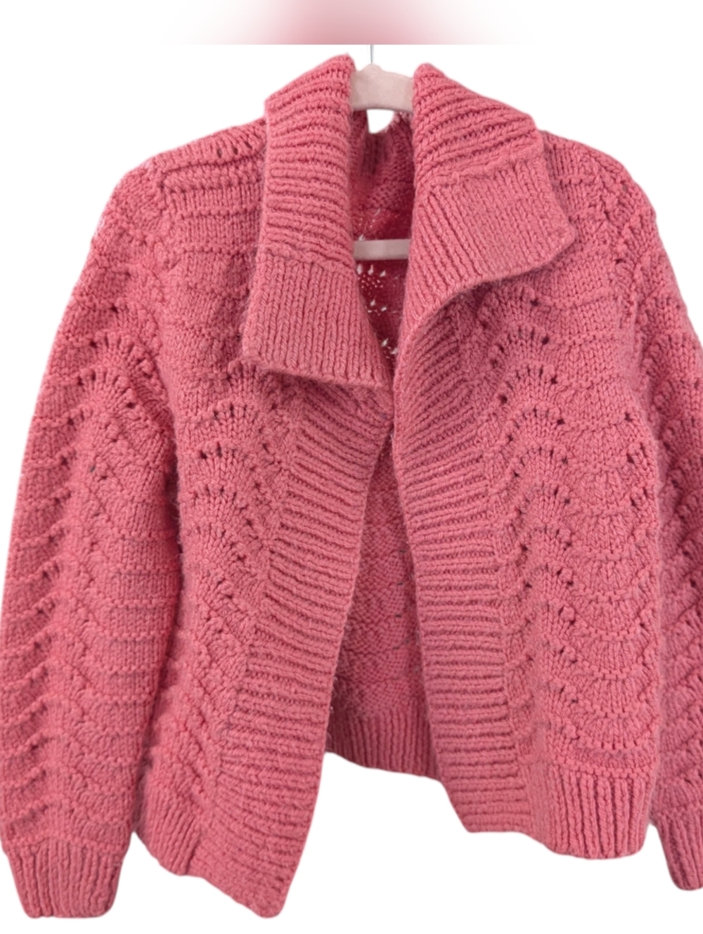 Pink Open-Front Knitted Crocheted Handmade Cardigan Sweater For Girls